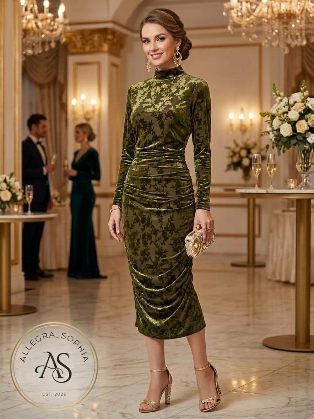 Belle By Badgley Mischka Kendall Velvet Burnout Ruched Olive Green Dress Sz 2